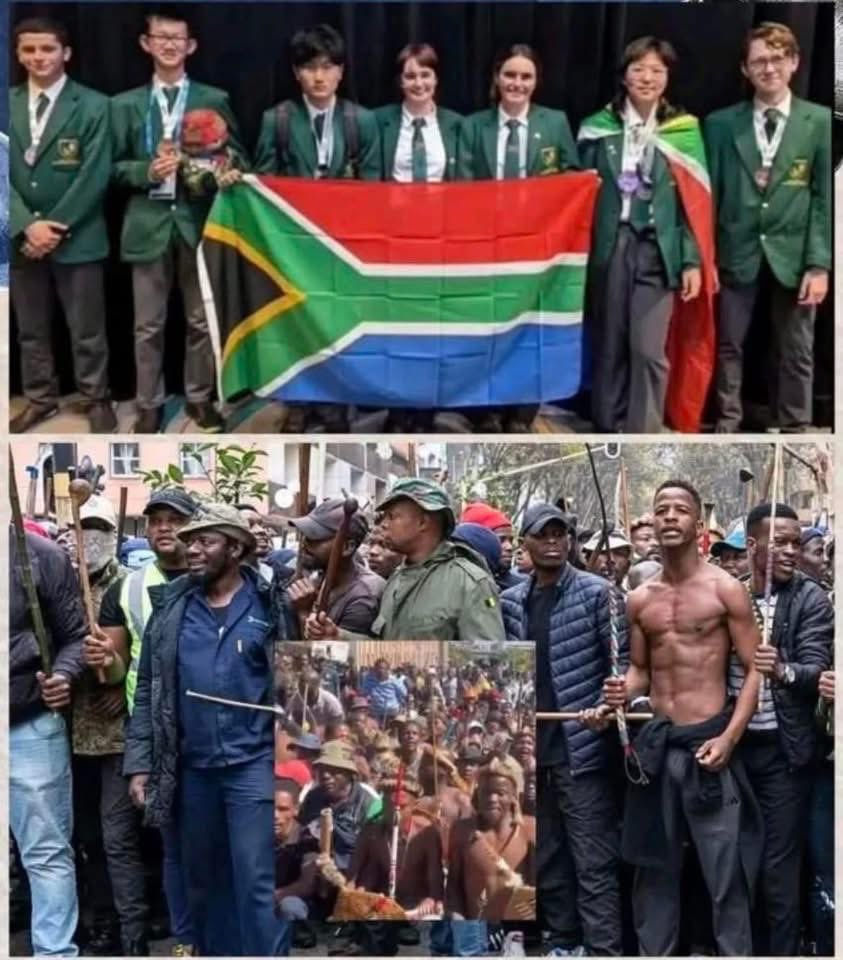 westclizz's tweet photo. South Africans representing the country at the International Mathematics Olympiad vs the South Africans protesting for foreigners to go home…make of this what you will https://t.co/hlw6ZKF4NX