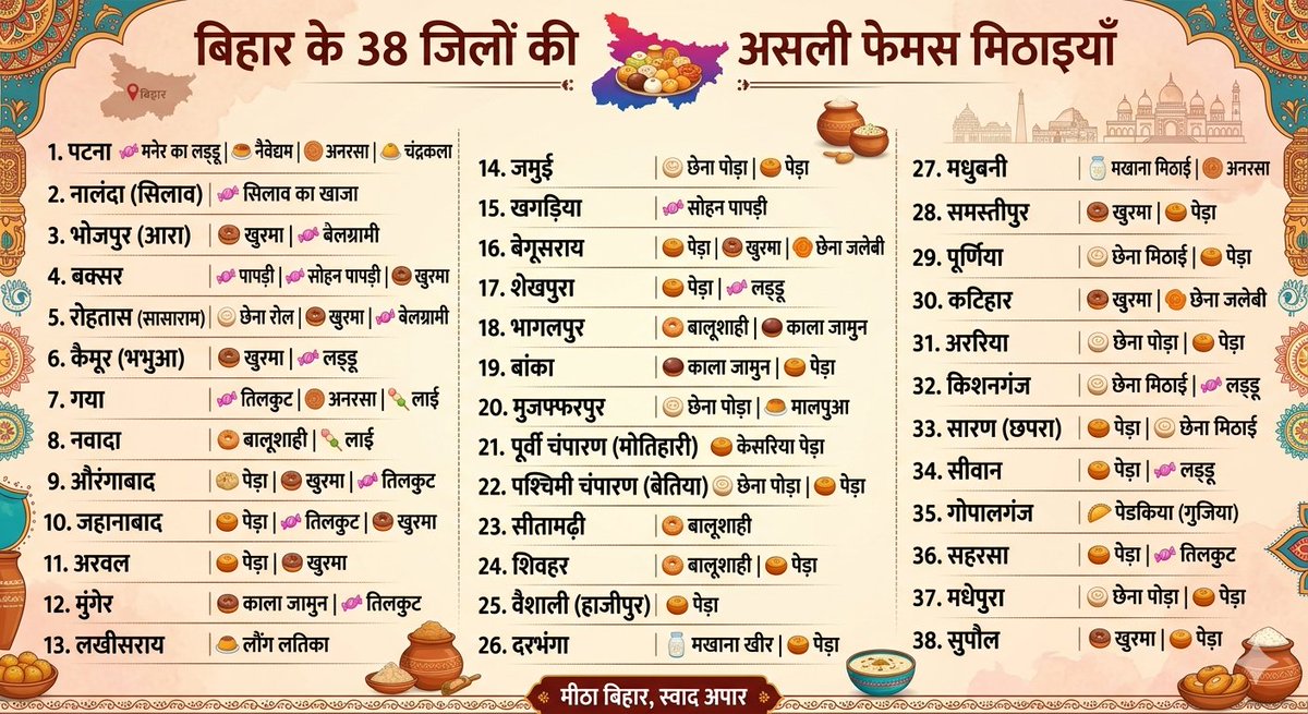 SitamarhiJila's tweet photo. 🍬 बिहार के 38 जिलों की असली फेमस मिठाइयाँ 

1. पटना
🍬 मनेर का लड्डू | 🍮 नैवेद्यम | 🍥 अनरसा | 🍮 चंद्रकला

2. नालंदा (सिलाव)
🍬 सिलाव का खाजा

3. भोजपुर (आरा)
🍩 खुरमा | 🍬 बेलग्रामी

4. बक्सर
🍬 पापड़ी | 🍬 सोहन पापड़ी | 🍩 खुरमा

5. रोहतास (सासाराम)
🍥 छेना रोल | 🍩 खुरमा | 🍬 बेलग्रामी

6. कैमूर (भभुआ)
🍩 खुरमा | 🍬 लड्डू

7. गया
🍬 तिलकुट | 🍥 अनरसा | 🍡 लाई

8. नवादा
🍩 बालूशाही | 🍡 लाई

9. औरंगाबाद
🥮 पेड़ा | 🍩 खुरमा | 🍬 तिलकुट

10. जहानाबाद
🥮 पेड़ा | 🍬 तिलकुट | 🍩 खुरमा

11. अरवल
🥮 पेड़ा | 🍩 खुरमा

12. मुंगेर
🍩 काला जामुन | 🍬 तिलकुट

13. लखीसराय
🍮 लौंग लतिका

14. जमुई
🍥 छेना पोड़ा | 🥮 पेड़ा

15. खगड़िया
🍬 सोहन पापड़ी

16. बेगूसराय
🥮 पेड़ा | 🍩 खुरमा | 🍥 छेना जलेबी

17. शेखपुरा
��� पेड़ा | 🍬 लड्डू

18. भागलपुर
🍩 बालूशाही | 🍩 काला जामुन

19. बांका
🍩 काला जामुन | 🥮 पेड़ा

20. मुजफ्फरपुर
🍥 छेना पोड़ा | 🍮 मालपुआ

21. पूर्वी चंपारण (मोतिहारी)
🥮 केसरिया पेड़ा

22. पश्चिमी चंपारण (बेतिया)
🍥 छेना पोड़ा | 🥮 पेड़ा

23. सीतामढ़ी
🍩 बालूशाही

24. शिवहर
🍩 बालूशाही | 🥮 पेड़ा

25. वैशाली (हाजीपुर)
🥮 पेड़ा

26. दरभंगा
🍶 मखाना खीर | 🥮 पेड़ा

27. मधुबनी
🍶 मखाना मिठाई | 🍥 अनरसा

28. समस्तीपुर
🍩 खुरमा | 🥮 पेड़ा

29. पूर्णिया
🍥 छेना मिठाई | 🥮 पेड़ा

30. कटिहार
🍩 खुरमा | 🍥 छेना जलेबी

31. अररिया
🍥 छेना पोड़ा | 🥮 पेड़ा

32. किशनगंज
🍥 छेना मिठाई | 🍬 लड्डू

33. सारण (छपरा)
🥮 पेड़ा | 🍥 छेना मिठाई

34. सीवान
🥮 पेड़ा | 🍬 लड्डू

35. गोपालगंज
🥟 पेडकिया (गुजिया)
36. सहरसा
🥮 पेड़ा | 🍬 तिलकुट

37. मधेपुरा
🍥 छेना पोड़ा | 🥮 पेड़ा

38. सुपौल
🍩 खुरमा | 🥮 पेड़ा