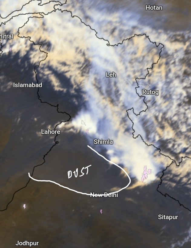 navdeepdahiya55's tweet image. A cluster of dust front over #Haryana #Delhi &amp;amp; north #Rajasthan right now, wind gust are up to 30-40km/h. This should continue with varied intensity throughout afternoon.
Scattered thundershowers will start developing in north west #India from evening hours. Limited impact today