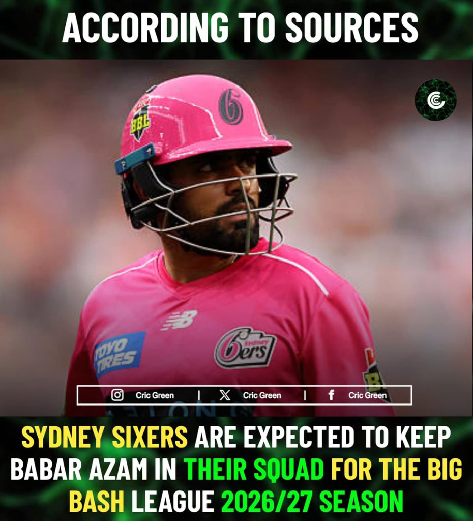 cric_green_9's tweet photo. Sydney Sixers are expected to keep Babar Azam in their squad for the Big Bash League 2026/27 season...😍
#PSL2026 #sports #cricket #BabarAzam https://t.co/bjcP1V4Hnc