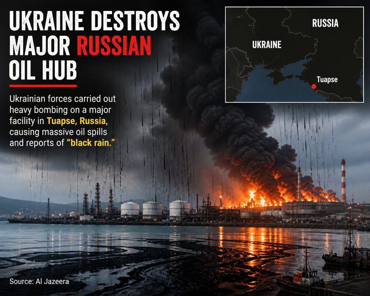NetworkReveals's tweet photo. 🌊 BREAKING: Ukraine Hits Major Russian Oil Hub
Ukrainian forces launched heavy strikes on a key oil facility in Tuapse, Russia, triggering massive oil spills and reports of "black rain." (Source: Al Jazeera) https://t.co/EkMACkdmqJ