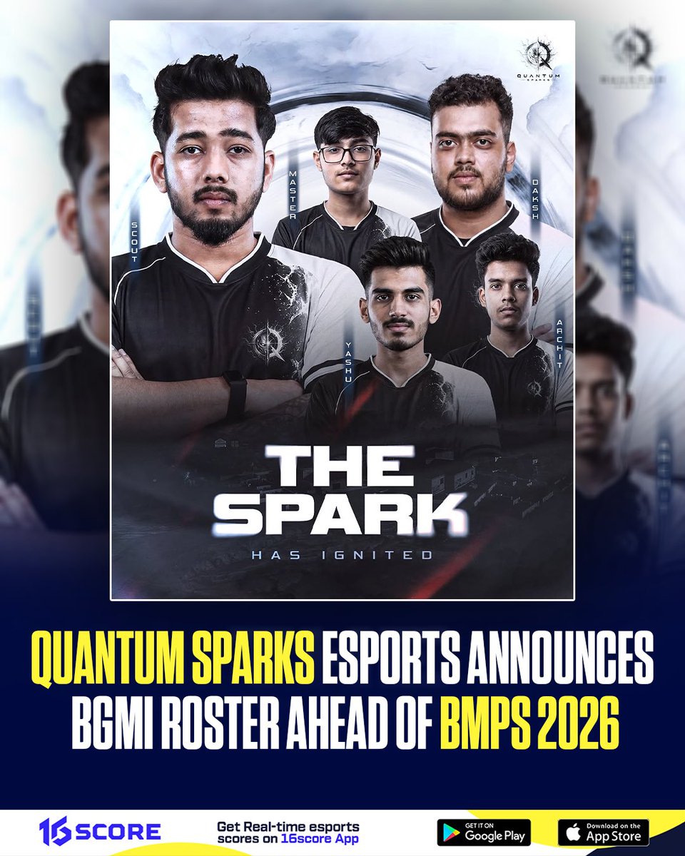 16scoreofficial's tweet photo. Quantum Sparks Esports locks in its BGMI roster ahead of BMPS 2026 π₯
Scout & Daksh bring the experience, while Yashu, Archit, and Master step in with everything to prove!
This mix could surprise a lot of teams π
#QuantumSparks #BMPS2026 #16ScoreOfficial https://t.co/0w6Nd3R6RK