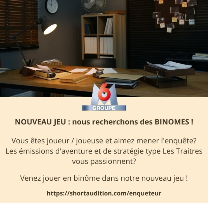 NewsReactLive's tweet photo. M6 se prépare à lancer un nouveau jeu et recherche actuellement des participants pour s'inscrire en duo pour un jeu d'investigation et d'aventure, un format qui devrait être similaire à #LesTraitres, programmé chaque samedi soir. https://t.co/5541KyROyE