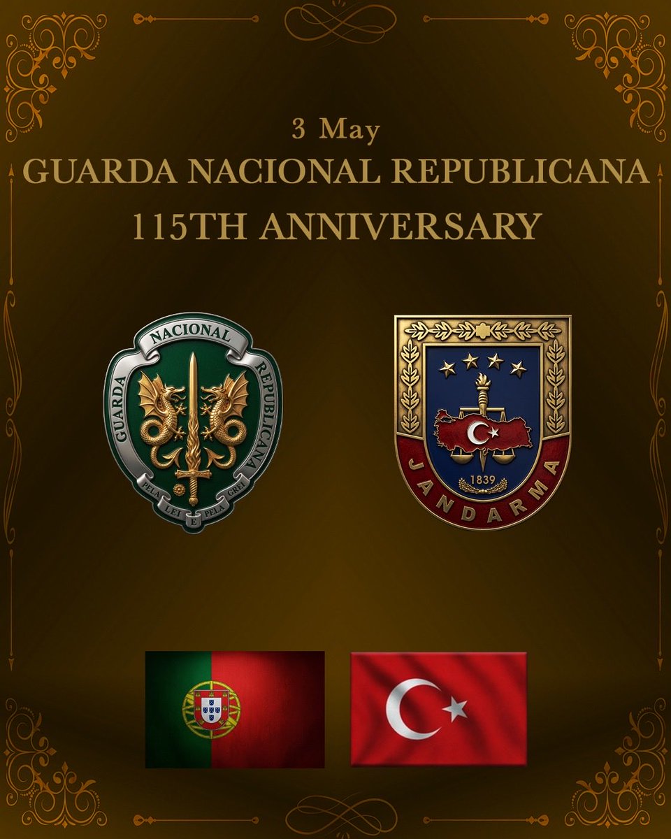 Portekiz Ulusal Cumhuriyet Muhafızları’nın 115’inci kuruluş yıl dönümü kutlu olsun.🇹🇷🇵🇹

We congratulate the National Republican Guard on the occasion of its 115th anniversary.🇹🇷🇵🇹