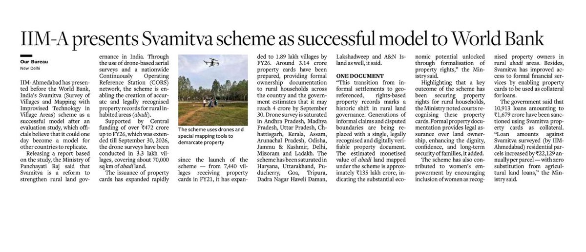 mopr_goi's tweet image. Launched by Hon’ble Prime Minister Shri Narendra Modi Ji and implemented by Ministry of Panchayati Raj, #SVAMITVA has been presented by Indian Institute of Management Ahmedabad @IIMAhmedabad as a successful and scalable model of rural land governance before the #WorldBank. By