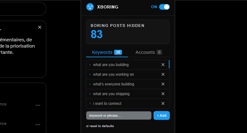 crazyfrenchydev's tweet photo. Dimanche matin, 10min de scroll et déjà 83 posts bloqués par XBoring, c'est trop ce réseau 🤣 https://t.co/YKkuspHVdb