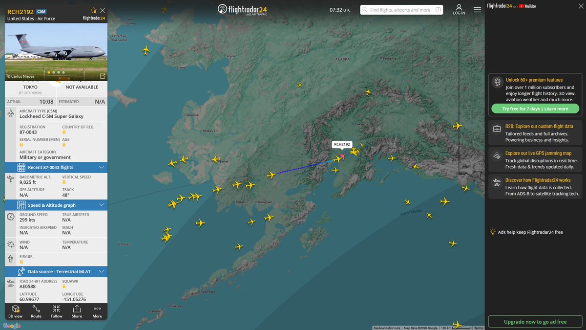 AIYeyENGDdJkjTr's tweet image. May 3, 2026
#Fairfield Travis Air Force Base #Tokyo Yokota Air Base ==&amp;gt; #Anchorage 

#RCH2192 #AE0588 USAF C-5M Super Galaxy