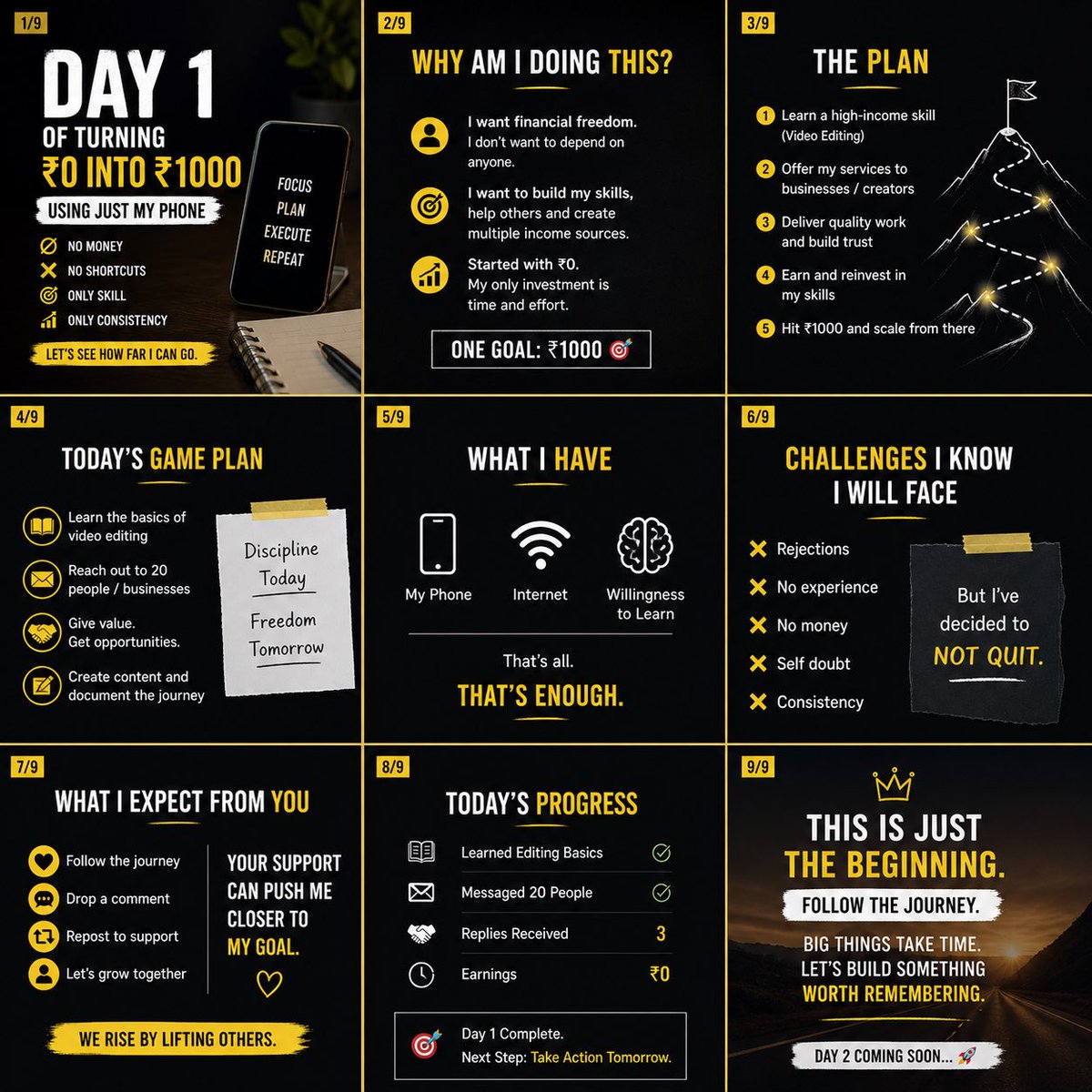 EarnWithAyush's tweet image. Day 1 of turning ₹0 into ₹1000 using just my phone.

No money.
No shortcuts.
Only skill &amp;amp; consistency. 🔥

Follow the journey.

#earnonline #money #sidehustle #buildinpublic #hustle