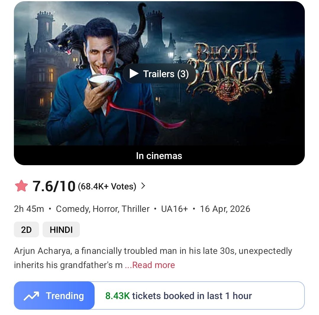 #BhoothBangla  
12-1pm 
Tickets sold on BMS- 8430 👌🏻
Yesterday- 5170

Total from 8am- 27740
Yest- 16350