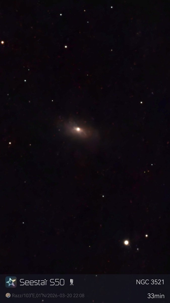stnite48's tweet photo. Bubble Galaxy (NGC3521)
NGC 3521 (nicknamed the Bubble Galaxy) is a striking flocculent spiral galaxy located about 26 to 40 million light-years away in the constellation Leo.
Details
Device:Seestar S50
Exposure Duration: 33min
#astrophotography_ #seestars50 #seestarofficial https://t.co/8QjXiwG7D6