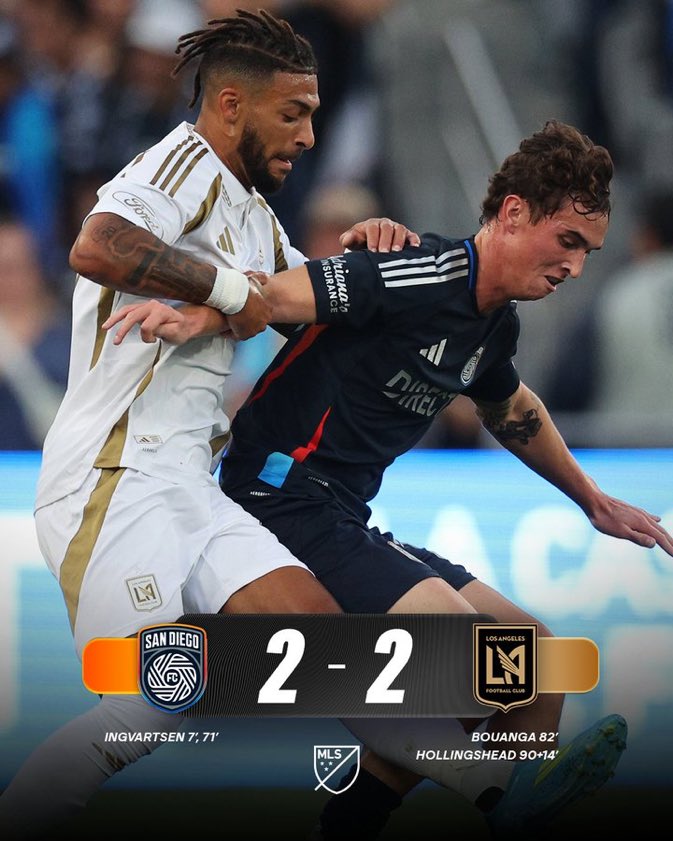 MLS_fra's tweet image. ⏱️C’EST TERMINÉ ! SAN DIEGO FC ET LOS ANGELES FC SE QUITTENT SUR UN MATCH NUL.🤝

Encore une fois le San Diego FC est tenu en échec même après avoir mené au score.😬

📸@MLS

#MLS | #SDvLAFC