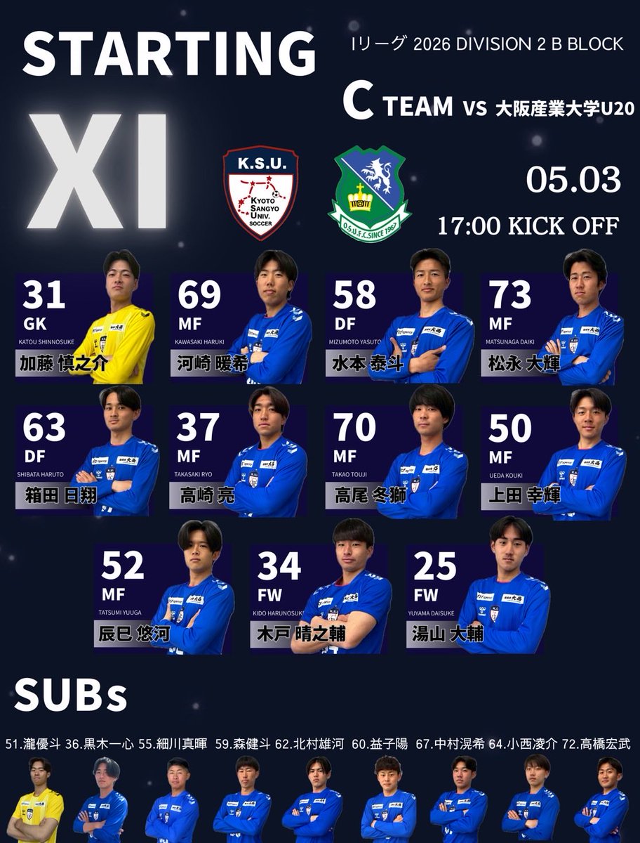 京都産業大学サッカー部　2024年度ユニフォームセット ────────────────── Iリーグ2026【関西】 Division2