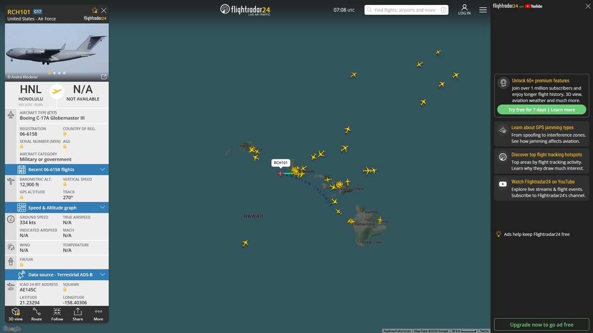 AIYeyENGDdJkjTr's tweet image. May 3, 2026
#Fairfield Travis Air Force Base #Joint Base Pearl Harbor-Hickam, Honolulu ==&amp;gt; 

#RCH101 #AE145C USAF C-17A Globemaster III