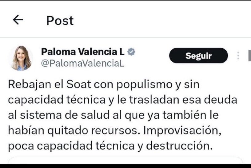 <a href="/PalomaValenciaL/">Paloma Valencia L</a> Cínica, mentirosa.
Usted es todo lo malo qué está en la política, igual de populista qué su papá Uribe, un día dice una cosa, con lo qué está de acuerdo, pero cómo está desesperada y nada qué repunta, entonces ahora sí está de acuerdo con lo qué antes no, igual en todo..
