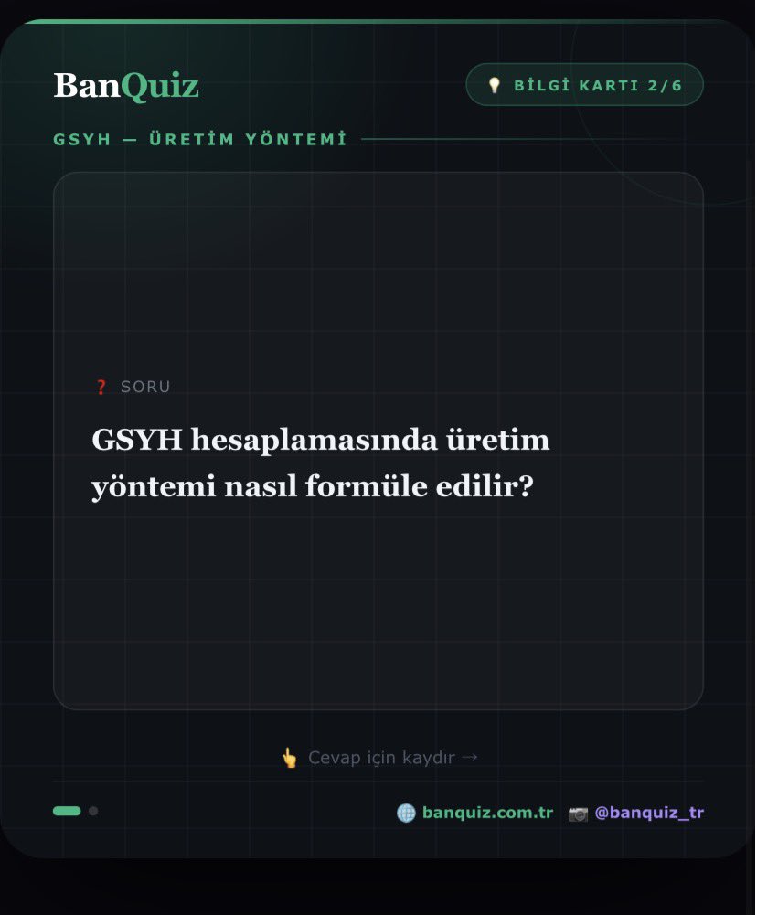 BanQuiz_tr's tweet photo. 📊 GSYH Flash Card Seti — 6 Temel Konu!
GSYH'yi tüm yöntemleriyle öğren. Kaydır, oku, bil! 👉
📘 Tanım · Üretim Yöntemi · Harcama Yöntemi · Gelir Yöntemi · TÜİK · Kişi Başı GSYH
💾 Kaydet, tekrar bak!
─────────────────────────
#BanQuiz #GSYH #Makroekonomi #EkonomiKartları #BankacılıkSınavı