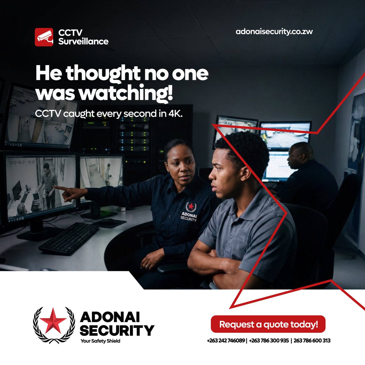 AdonaiSecuritZw's tweet image. Live. Unfiltered. Unescapable.

Our CCTV doesn't blink, doesn't sleep, doesn't negotiate. Every attempted break-in is documented in crystal-clear 4K.

Request a quote today:adonaisecurity.co.zw/get-quote/

#CCTV #4k #Security #AdonaiSecurity