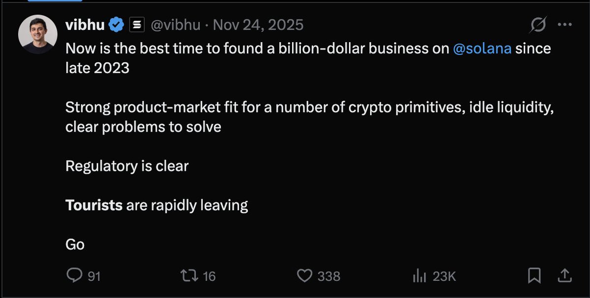 defido's tweet photo. How to tell when Solana has a product issue in bear markets:

ETH can flip Solana in a moments notice:

ETH flipped Solana's volume in a moments notice using OG pairs of memes  RWA acceleration increased on BNB and ETH faster than it did on Solana during the same period. 

Aligned push to keep the 'tourists':

Now the Solana Fdn is back to pushing memes again, why? The retail base that came for the meme cycle unsuccessfully was captured by Solana. 

"Memes are so back" they tell us it's obvious that Solana did not capture the retail base in a meaningful enough manner to keep them using Solana. 

The tourists went to HYPE, Polymarket, Kalshi

The tourists have moved to gambling on HYPE, polymarket, Kalshi and centralised exchanges, as the gambling focus only attracts short term dopamine traders and people chasing the next 1000x, none of the memes or promoters successfully showed "YOU" can make it, it showed that Ansem had insider knowledge of what would run by the SF and they did. Simply it was so inorganic and gambling focused that HYPE, Polymarket and Kalshi are a natural fit.

Did not attract new builders

The developers that were attracted to Solana have practically remained the same, Temporal, Solfi/Phoenix, Jupiter, Raydium etc all of these were here before the "bonk saved Solana" moment. I would say new builders were not attracted this cycle, retail was.

Failed to capture the AI shift

The main promoters were individuals like Ansem, SolJakey, Banks, Dave Portnoy, a presidents scam token, Libra etc. None of these people were able to promote anything other than gambling, and @vibhu and @Pedromiranda do a poor job of promoting anything other than gambling. This has caused the 'tourists' to not be transitioned into AI, at @neirowoof we did try our best, considering our community size, unfortunately we are waging a war against the chain itself and it's main competitors and because the chain heavily promotes and SF only majority invests in gambling products, it's extremely difficult to promote why anyone would build with AI solely on Solana, when Tempo from stripe is a far better integrated product for solo AI builders. Considering stripe already has AI builders making tens of millions of dollars or huge acquisitions, the Solana stack makes really no sense from a product reward stand point, unless you're aligning with the head of consumer and head of product on their gambling addictions.

"List on Solana" is a poor campaign 

In it's current mark because none of the gambling memes that the SF pushed with Ansem sustained or built anything different and were not able to gather such steam as to take on something such as SHIB did, and BONK is just too obvious of a VC meme that it's failed to build a community outside of developers. List on Solana is just a poor campaign. Neiro did more volume than the entire portfolio of listed assets, proving that there were big assets on the chain that Solana has, but apparently listing other assets are more important. These assets are already on CEX and the product of listing on Solana is not fundamentally a 10-100x better one than a CEX and as Vibhu has said in some way or another "Make the product 100x better". List on Solana is not one. 

Poorly integrated tech stack for what works

The tech stack of Solana is amazing, but there's absolutely no integration of it, where was the propamm, perps and other parts for Neiro bropump to be able to beat Binance? There was none. Why is there no meme token from the 'tourtist' cycle that got any integrations to prove this stack and cross chain integration even works? It's such a poorly aligned chain in terms of getting every protocol and company to align.

There's no team Solana, there is only team me

I will keep this one short, if you've spent any time talking to any companies on this chain, you will tell that a large amount of them do not care about Solana as a whole they care about what they get out of it. "Why would we help that it has a pump ca", "What's in it for us". "How does that help us?" "What does that do for XYZ company". There's no sense of collective win, there is just a collective sense of "We need to beat XYZ competitor on Solana". But then these companies go and support other chains, as it's whoever gives them the $$$ that gets their support. ETH is very different here.

Nothing organic came of it:

Not a single meme that the SF kols pushed built anything organic, nothing came from it as there was no promotion of building, sustaining or real world pushing of the meme or Solana itself, BONK gets sustained by the SF constantly. I am looking at many accounts saying "Where was the big meme that stayed alive on Solana this cycle?" There isn't one, BONK is a VC company, there's no single meme that stayed in billions and went global for Solana this cycle. 

Solana has a product issue in bear markets

Concluding, Solana spent a bull market promoting insider plays to attract tourists to volume, SF  and it's KOL's captured 'tourist's who are now angry they got rinsed, new breakthrough builders didn't increase as the builders that were making billions for Solana were pre cycle and there wasn't a single meme organically that onboarded new people outside of the CT and already active meme circle. 

Not a single new organically grown, caught off guard meme community came of it and took the world by storm as ETH did with SPX this cycle and SHIB last cycle. Where people stay invested for years without incentives and do real world promotion for free.