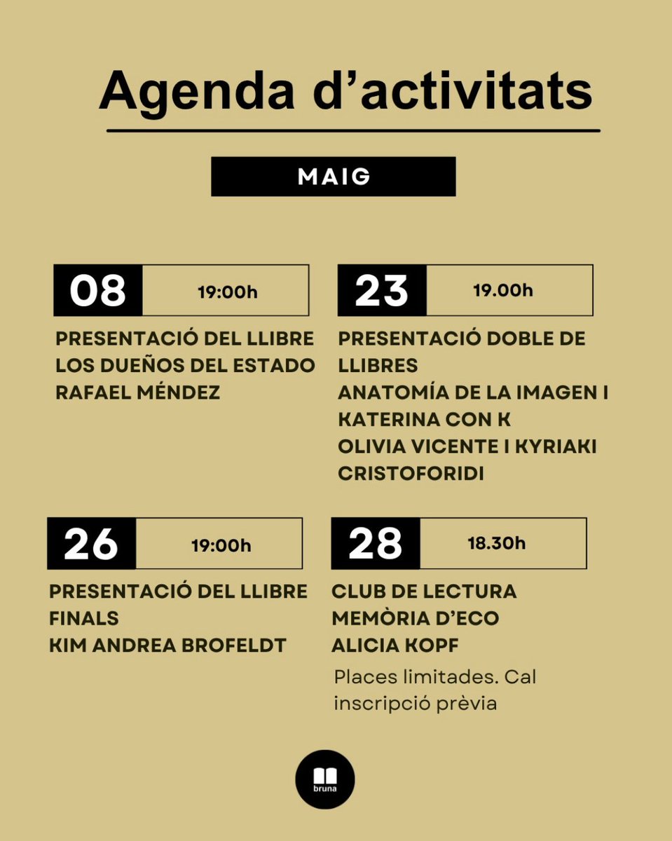 LlibreriaBruna's tweet image. El mes de maig ve carregat d'activitats. No us les perdeu!

#llibreriabruna #altafulla #agenda #maig