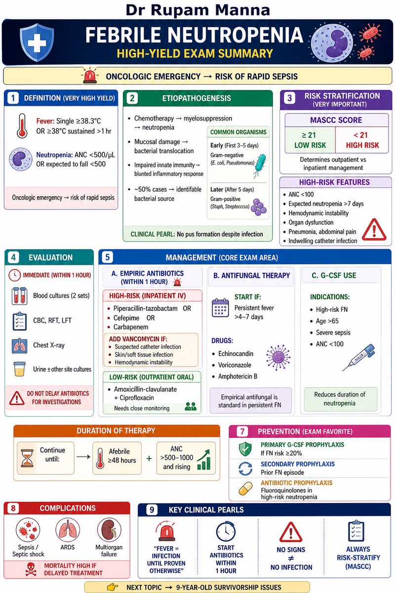 DrRupamOncology's tweet photo. Febrile Neutropenia = ONCOLOGY EMERGENCY 🚨
Time is survival.
• Start antibiotics within 1 hour
• Risk stratify using MASCC
• Persistent fever → think fungal
• No signs ≠ no infection
#FebrileNeutropenia #MedicalOncology #Oncology #CancerCare #DrNB #MedEd #ClinicalMedicine #Hematology #OncoTips