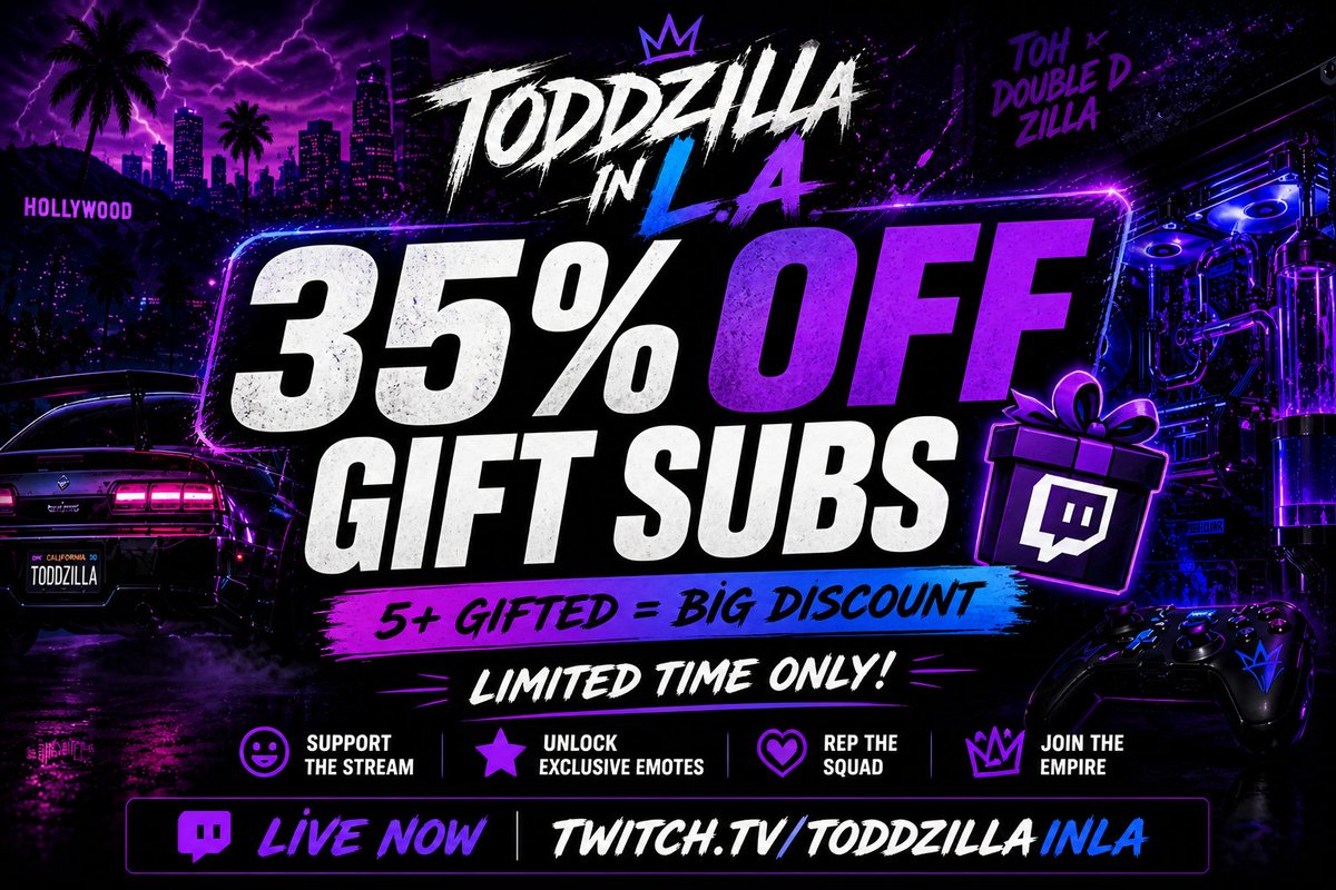 TODDzillaInLA's tweet photo. 🚨 35% OFF GIFT SUBS LIVE 🚨

If you’ve ever thought about supporting… now’s the time

Don’t miss it 👀

🔴 LIVE NOW
https://t.co/bmuIH0Y47d
#Warzone #BlackOps7 #COD https://t.co/1ItU720XxB