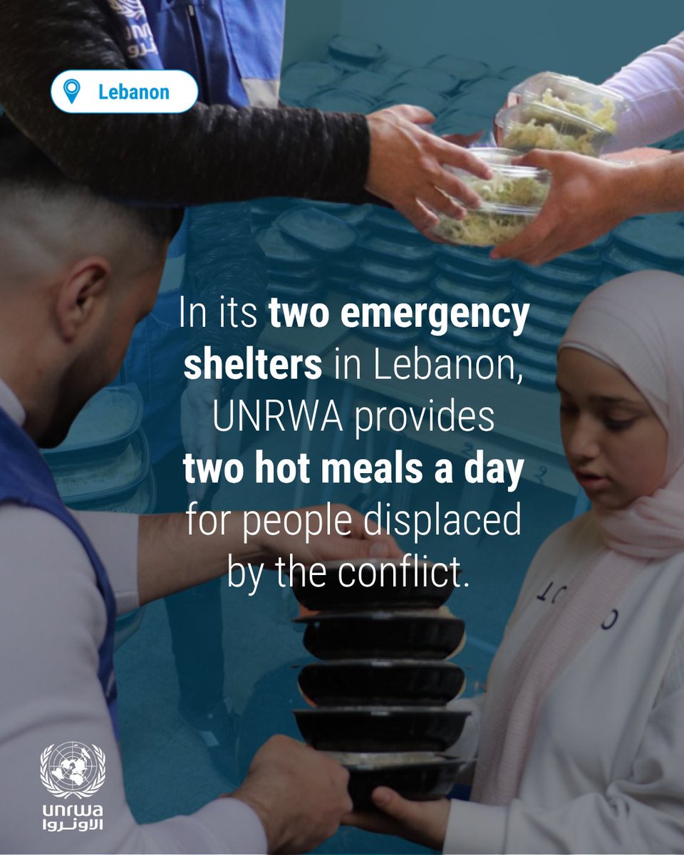 UNRWA's tweet image. In #Lebanon, UNRWA provides ready-to-eat food parcels and hot meals for displaced people in its two emergency shelters.  

With support from partners, UNRWA has distributed 14,000 meals since the start of the conflict in March.  

#UNRWAworks