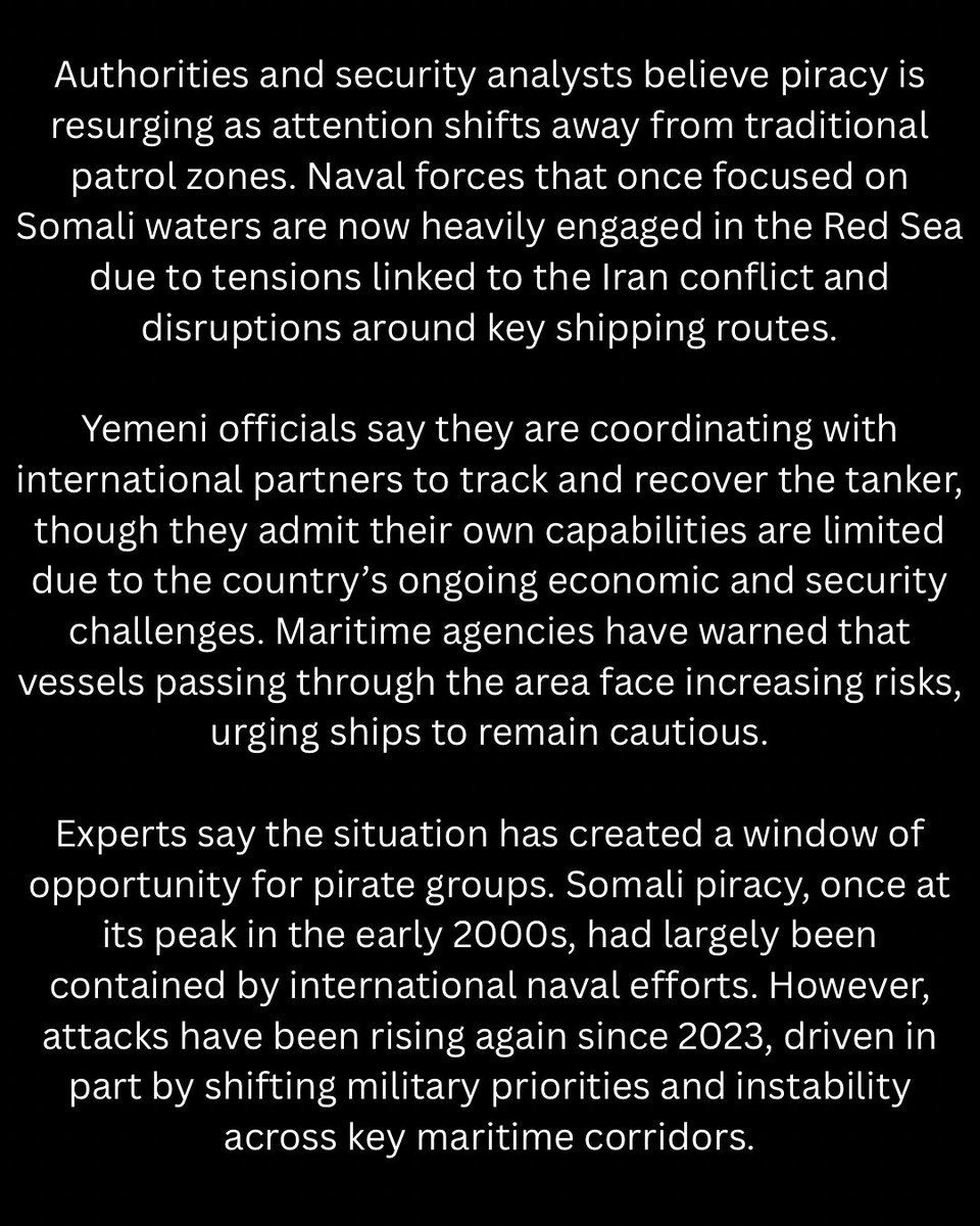 newsactually24's tweet image. A hijacked oil tanker is being taken toward Somalia, as piracy surges again in the region amid shifting global military focus and ongoing conflict in the Middle East. #News #Oil #MiddleEast #Africa #SomaliPirates