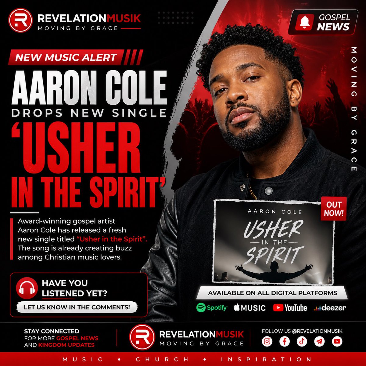 Revelationmusik's tweet photo. NEW MUSIC ALERT 

Award-winning gospel artist Aaron Cole has released a fresh new single titled Usher in the Spirit 🔥

The song is already creating buzz among Christian music lovers.

Have you listened yet? 🎧👇

#RevelationMusik #MovingByGrace #AaronCole #GospelNews https://t.co/68X5IpsVZc