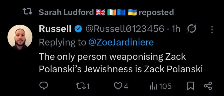 Sarah Ludford is a Lib Dem Lord.

She is not Jewish.

She has retweeted someone declaring:

"The only person weaponising Zack Polanski's Jewishness is Zack Polanski"

How on earth is that acceptable?