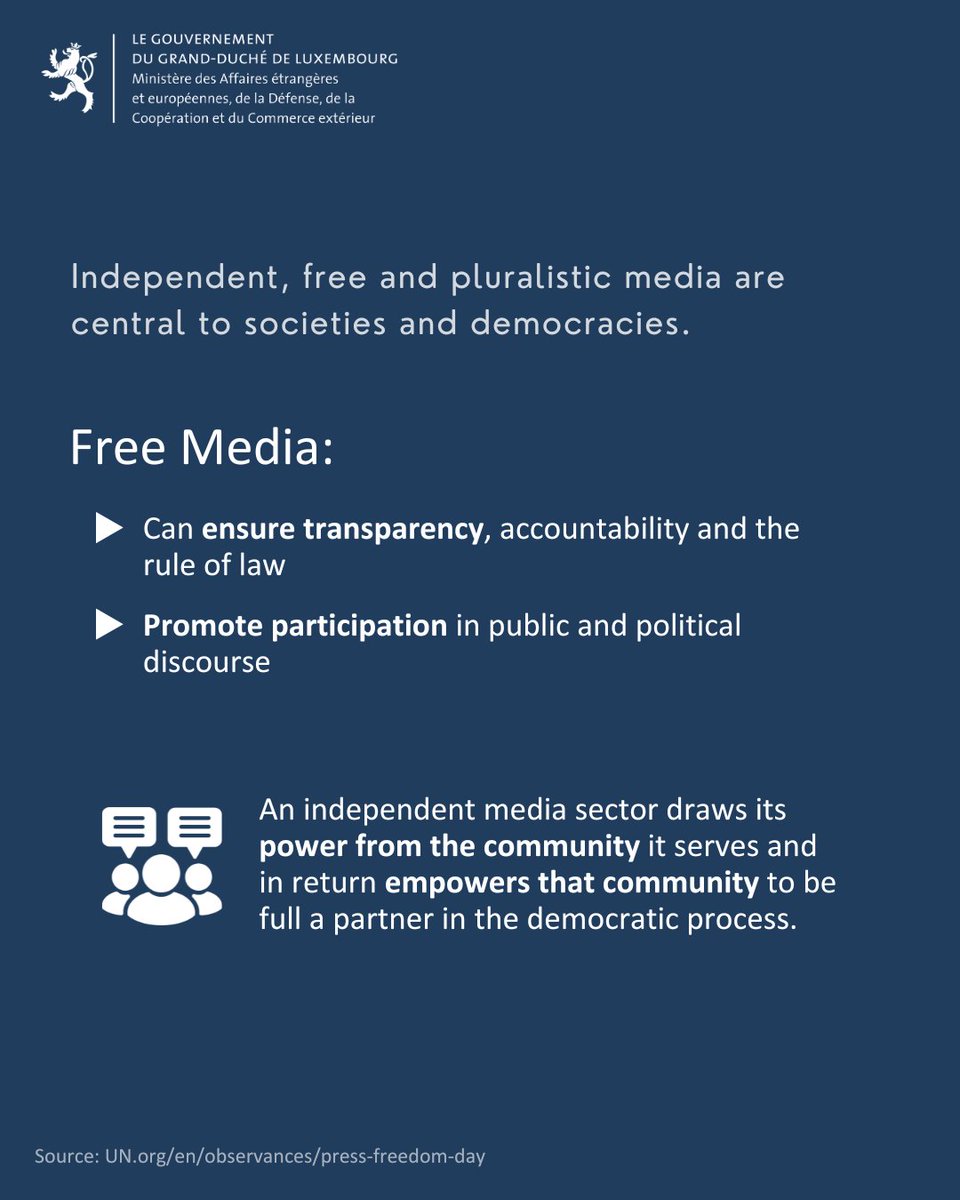 MFA_Lu's tweet photo. On this #WorldPressFreedomDay, 🇱🇺 supports the statement of the Media Freedom Coalition.🤝📢
Free, independent and pluralistic media are a cornerstone of democracy and human rights. Journalists must be able to work safely, without fear or intimidation.📰
➡️https://t.co/LusyQZhssl https://t.co/36Vb5xar2g