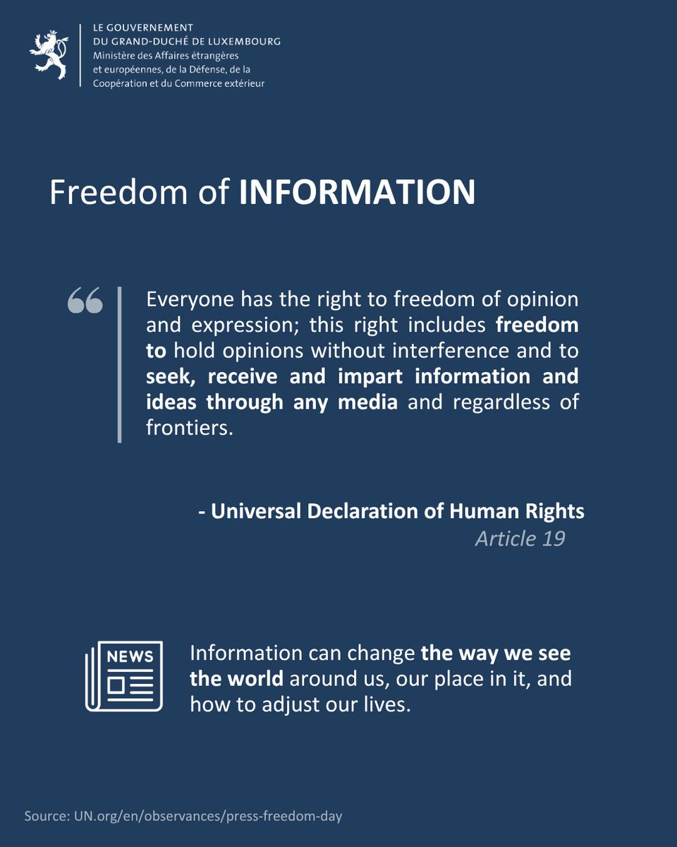 MFA_Lu's tweet photo. On this #WorldPressFreedomDay, 🇱🇺 supports the statement of the Media Freedom Coalition.🤝📢
Free, independent and pluralistic media are a cornerstone of democracy and human rights. Journalists must be able to work safely, without fear or intimidation.📰
➡️https://t.co/LusyQZhssl https://t.co/36Vb5xar2g