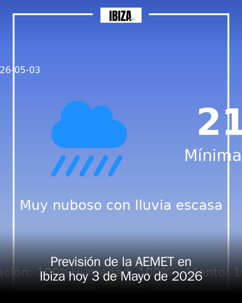 IbizaEdon's tweet image. 🌧️ ¡Atención, Ibiza! Hoy 3 de mayo, un día nublado nos espera con temperaturas entre 16°C y 21°C. La probabilidad de lluvia es del 100%, así que no olvides tu paraguas y estar preparado para chubascos. ¡Cuida de tu plan y disfruta! 🌦️ #Ibiza #Clima2026 mrf.lu/FJfY