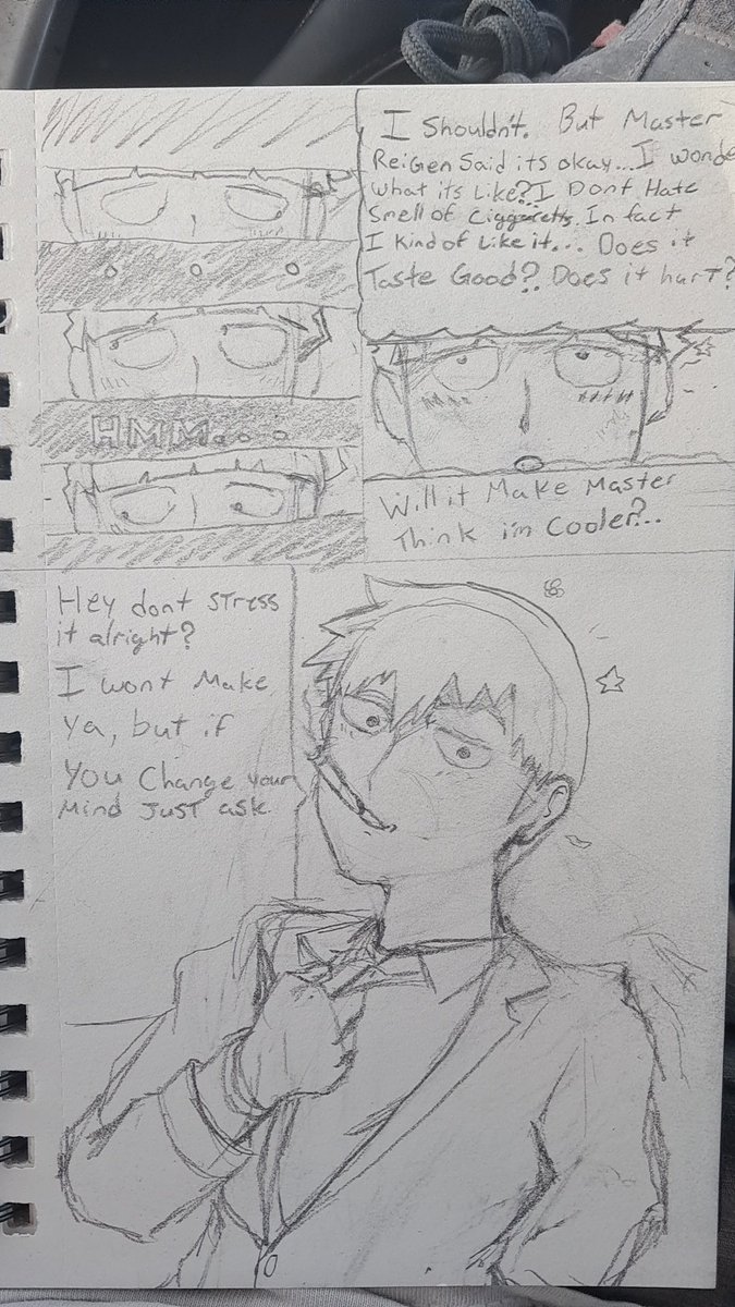 EssenceOfShow's tweet photo. This is the actual part 5 of the little mob psycho 100 thing. Its kinda cool drawin the samw characters repeatedly https://t.co/H95nVTxZyx