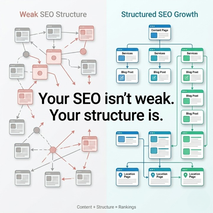 Muktaak62859256's tweet image. Most local SEO doesn’t fail from lack of content
it fails from poor structure.

Disconnected pages = weak rankings.

In 2026, clarity beats volume.
Build systems, not silos.

#LocalSEO #SEO #ContentStrategy #MarketingGrowth