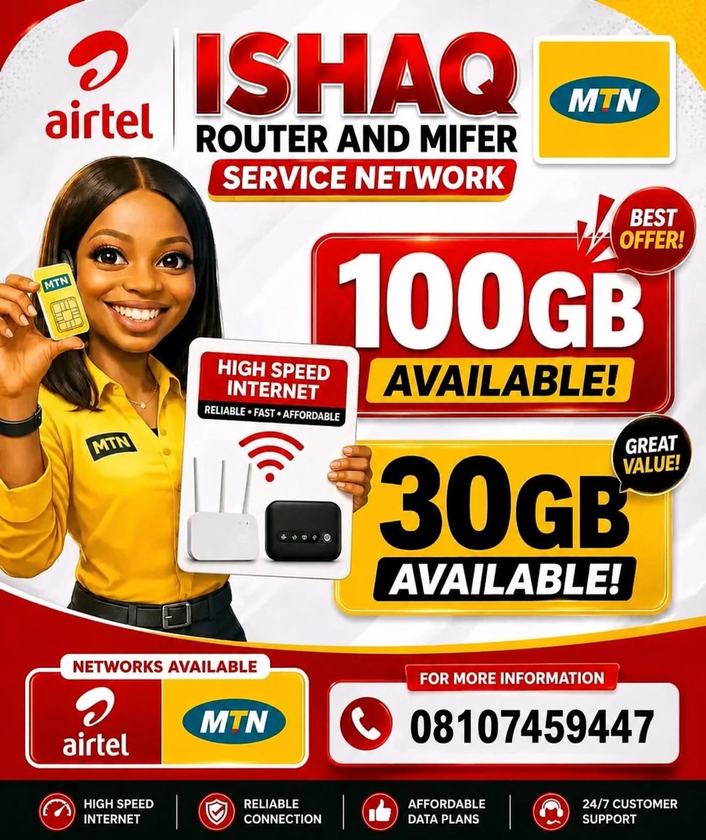 Engrfarads's tweet photo. 🚀 MTN DATA SIM for Router now available
✅ 70GB
✅ 130GB
📅 Valid for 30 Days
📱 AIRTEL DATA SIM for Phones also available:
✅ 30GB
✅ 100GB
💯 Fast &amp; Reliable Network
Need a MiFi? It’s also available Second or new
📩 DM or Call:08107459447
#MTNData #AirtelData #CheapDataNigeria https://t.co/YUVaendOag