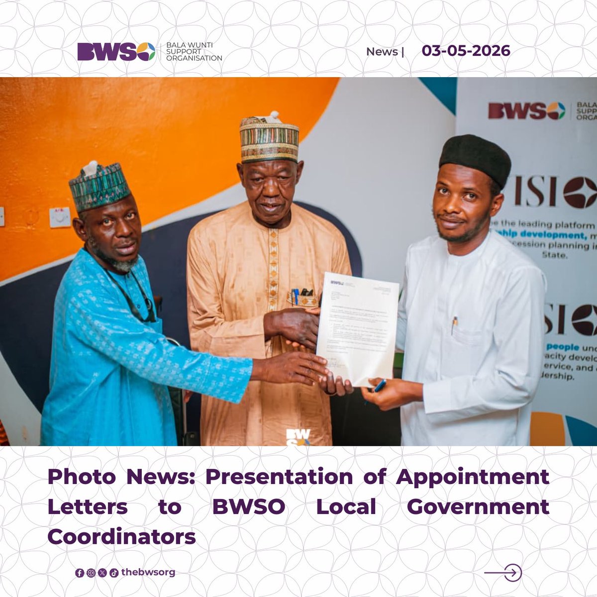 thebwsorg's tweet photo. Photo News: Presentation of Appointment Letters to BWSO Local Government Coordinators.
#BWSO #BalaWunti #Bauchi2027 https://t.co/yUNYjigjHV