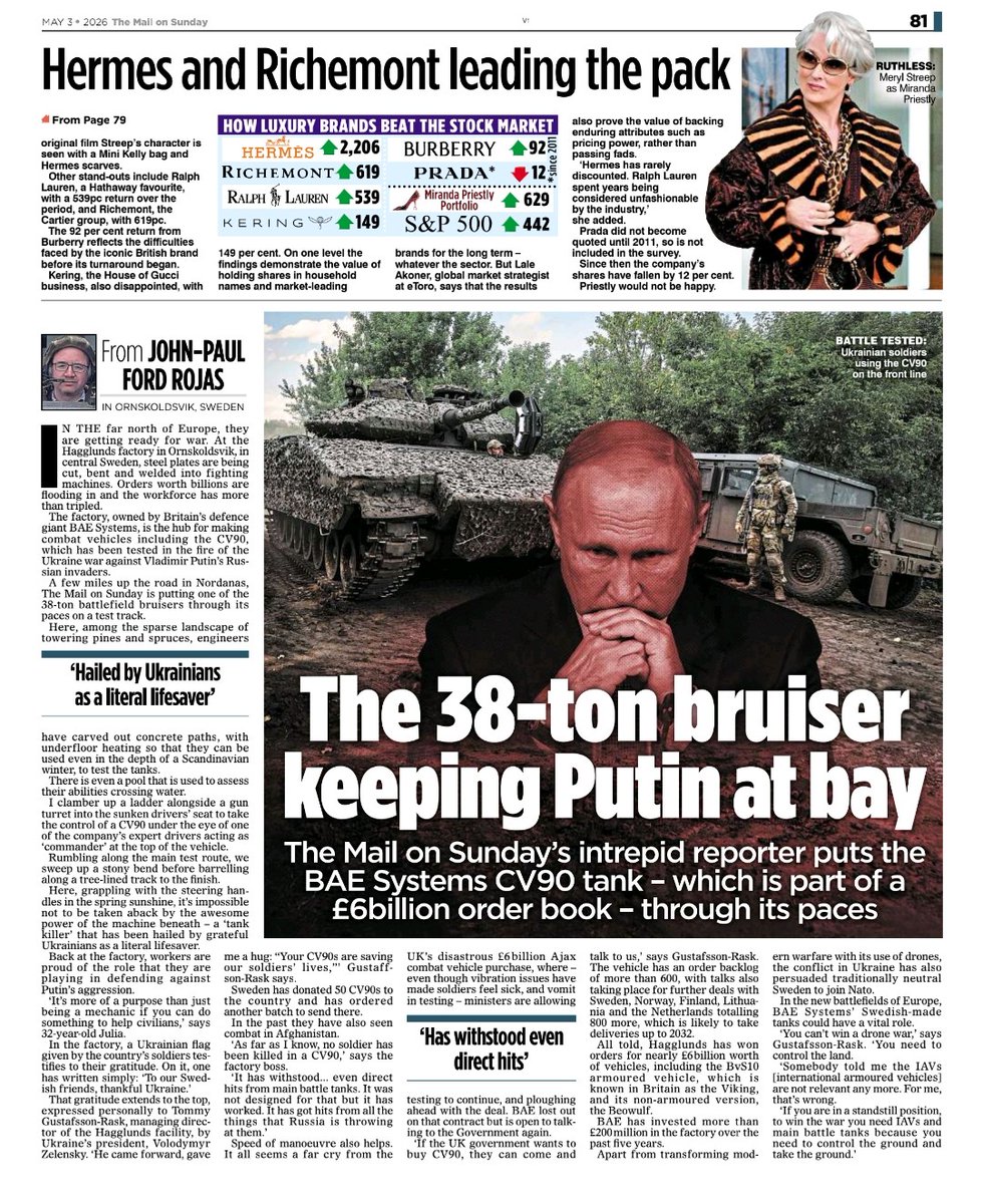 AnneAshworth's tweet photo. The bond vigilantes and the local elections. BAE's tanks. The space fund boss. Executive pay. And the Miranda Priestley share portfolio. 
Financial Mail on Sunday brought to you by @PatrickTooher @JPFordRojas @RMarsden_journo and me  @AnneAshworth https://t.co/jltqUX4j0R