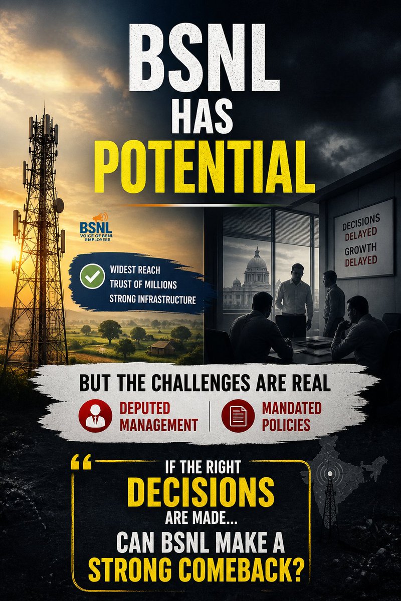 BSNLEmployees's tweet image. BSNL has everything to win.
Except one thing.

#BSNL #Telecom