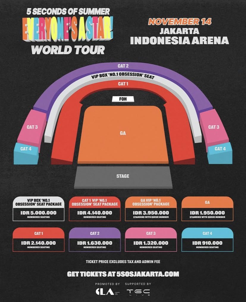 ⭐, OPEN CONCERT TICKETING SERVICE — 5 SECOND OF SUMMER EVERYONE’S A STAR WORLD TOUR 2026 in Jakarta

🎫 ALL SALE — IDR. /tix
；VIP PACKAGE - 400K
；GA - 350K
；CAT 1, 2, 3 - 300K | 4 - 275K
✔ FOREIGNER

📍 linktr.ee/laaselune

t. jastip jaswar jasa war ts tiket konser 5sos