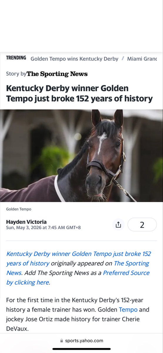 BudRante's tweet photo. The #GOAT trainer
Cherrie #DeVaux
GOLDEN TEMPO wins 152nd
Kentucky #Derby 🐎
Coming from 18 position to 1st in 45 Sec.
#GOLDENTEMPO
@YahooNews @espn @USATODAY @cnbc @crazyclipsonly @TansuYegen https://t.co/iK2Otce2mI https://t.co/TS0VzSv8fn