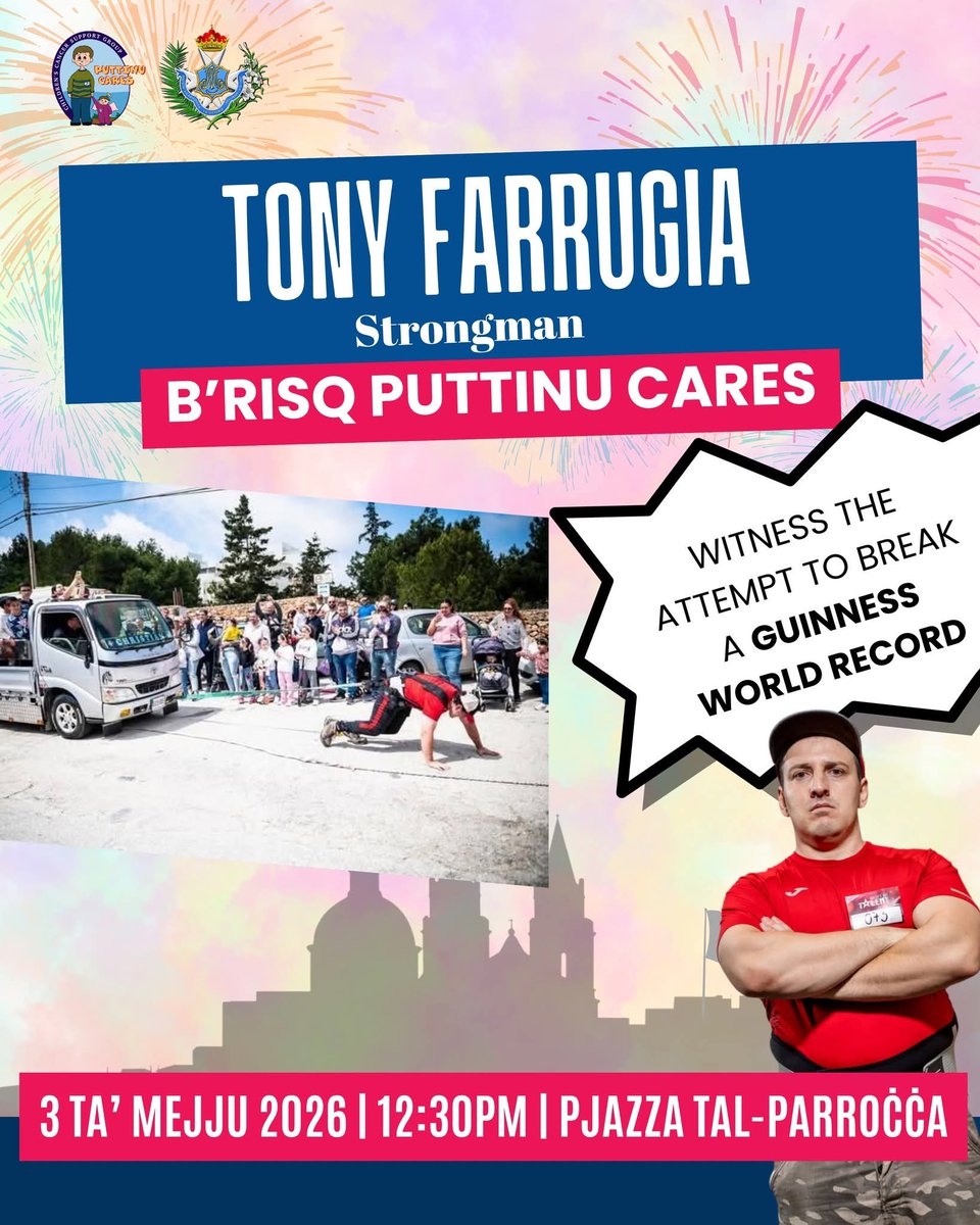 TonyFarrugia_1's tweet image. Our next feats of strength show will be held today at the Parish Square in Mellieħa on the 3rd of May at 12.30pm in aid of Puttinu Cares. This charity event is organised by Societa’ Filarmonica “La Vittoria” Mellieħa A.D. 1907 🙏🇲🇹💪

 #puttinucares #worldrecord  #malta