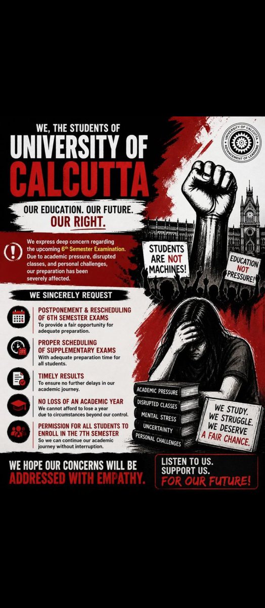 Debarghya1521's tweet photo. We, the students of the University of Calcutta, strongly urge postponement of the 6thSemester Examination due to disrupted preparation.
We request fair supplementary exam scheduling, timely results, and provision for everyone to enroll in the 7th semester to avoid losing a year https://t.co/w0KYUvlSSF