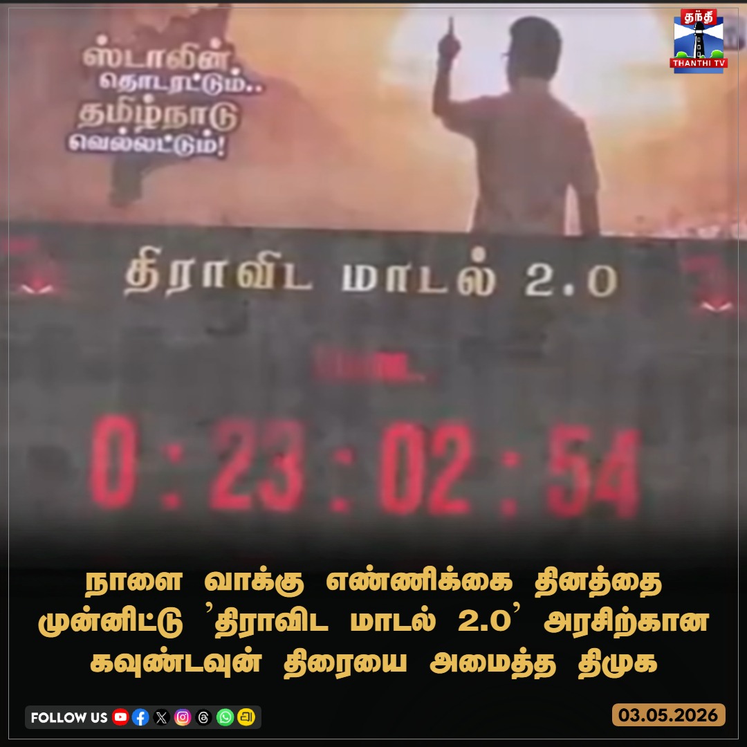 ThanthiTV's tweet photo. நாளை வாக்கு எண்ணிக்கை தினத்தை முன்னிட்டு 'திராவிட மாடல் 2.0' அரசிற்கான கவுண்டவுன் திரையை அமைத்த திமுக
#DravidaModel2 #DMKModel2 #DMK #MKStalin #TNElection2026 #Countdown2026 #ThanthiTV https://t.co/IqeKTA5wlC
