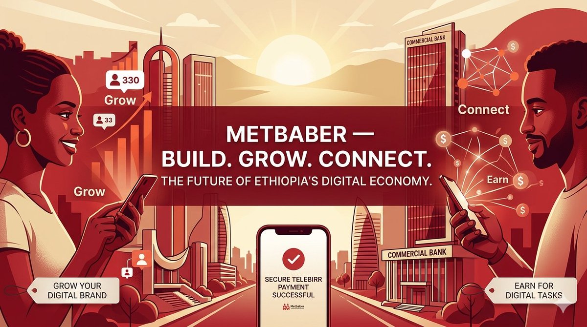 Metbaber's tweet image. Elevate your digital presence with Metbaber! ✨

​Whether you are looking to scale your social media reach or looking for flexible digital tasks you can do from anywhere, Metbaber is the bridge.

✅ No experience needed

​Join the community: metbaber.com.et

#brand