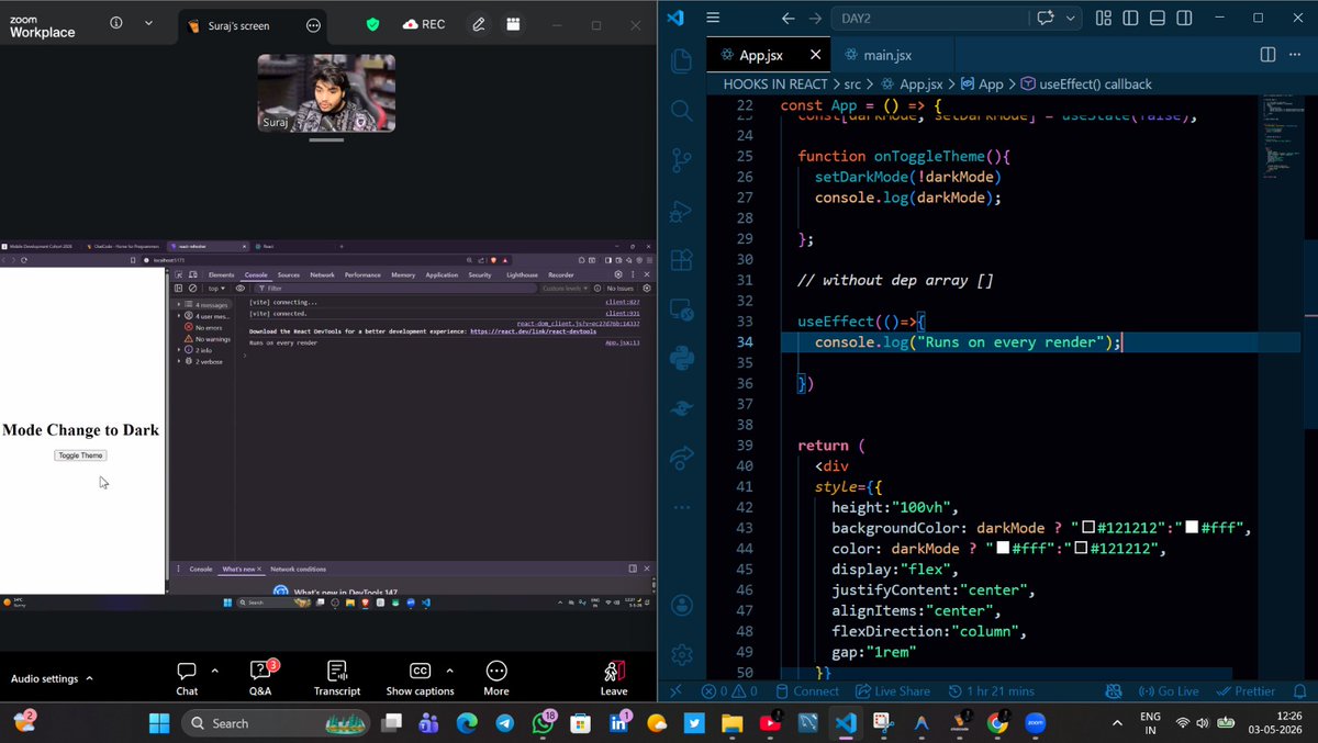 tiwari_pee28336's tweet image. Day 2 — Mobile Development Cohort 🚀

React Hooks finally clicked today! Huge thanks to @surajtwt_ sir for the clear explanation 🙌

@Hiteshdotcom sir, @piyushgarg_dev @yntpdotme @nirudhuuu @surajtwt_ @devwithjay @ChaiCodeHQ
#ReactJS #Hooks #Learning