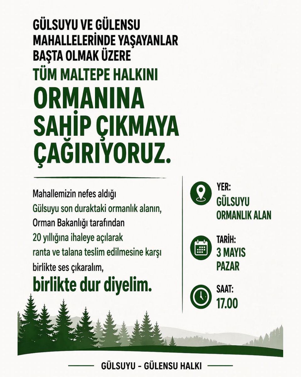 emepmaltepe's tweet photo. Gülsuyu - Gülensu ormanları ihale yoluyla sermayeye peşkeş çekiliyor. 
Bu yağmaya karşı durmak için bugün saat 17.00 da EMEP İstanbul Milletvekili İskender BAYHAN’ın da katılacağı basın açıklaması yapılacaktır. 
Eyleme katılıp güçlendirelim ve ormanlarımıza sahip çıkalım. https://t.co/LFdTOGs7D6