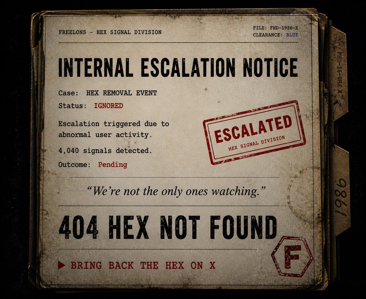 CryptTCG's tweet photo. ESCALATION NOTICE

4,040 signals active

More files are surfacing

404 HEX NOT FOUND

▶ post your FREELON  
▶ set it. reply with it. spread it

we keep revealing as it grows https://t.co/xyd2aYAmIG