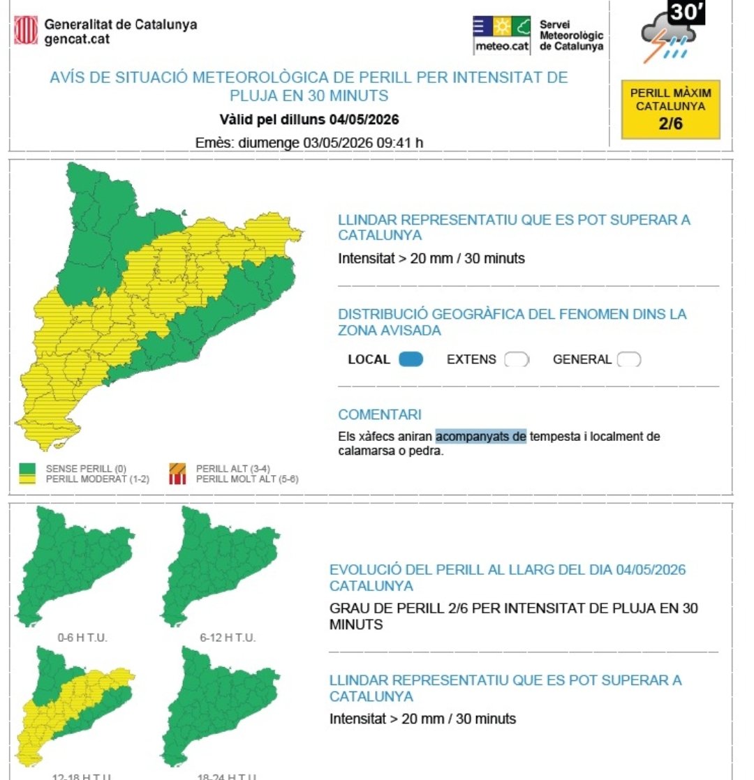 emergenciescat's tweet photo. Prealerta #INUNCAT. 

A partir de demà al migdia previsió d'intensitat de pluja (>20 l/m2 en 30min.) al terç sud. També al nord-est, Catalunya Central i Ponent. https://t.co/zURRHJTj11