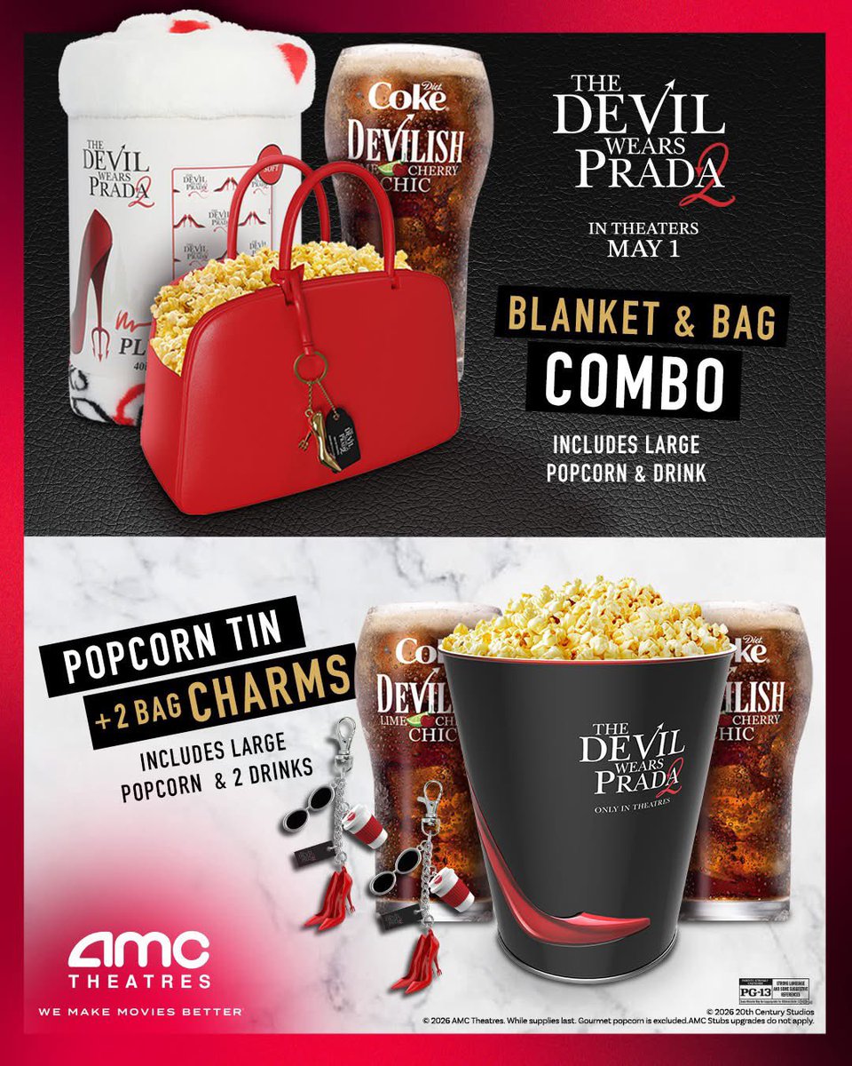 AMCTheaters
バッグ＆ブランケットコンボだって🍿
ブランケットとか羨ましい👠✨
あとバックチャーム×2が付いたポッコーンバケツも可愛いすぎる🖤👠
 #プラダを着た悪魔2
 #ドレスアップの準備はできた