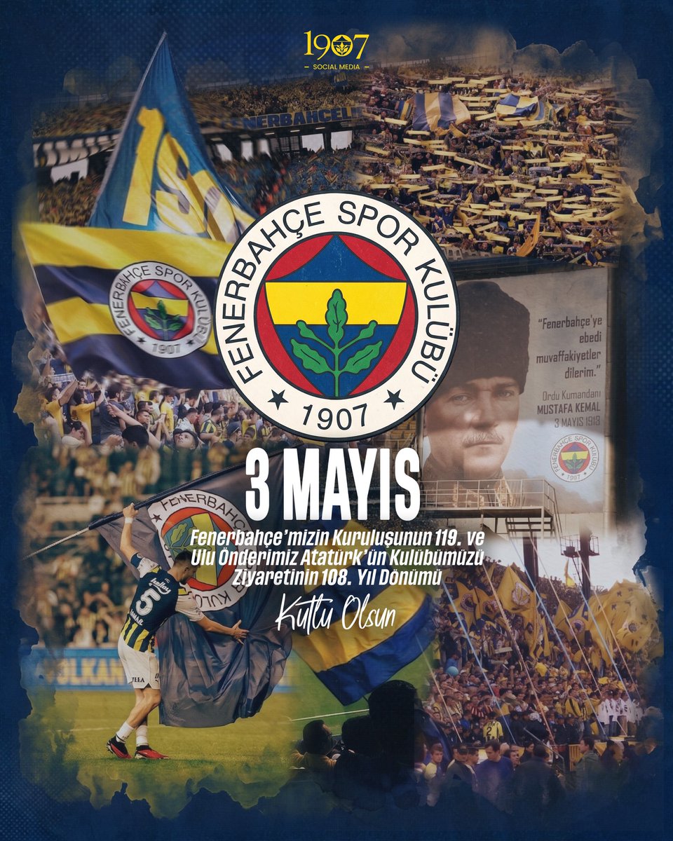 Fenerbahçemizin kuruluşunun 119. yılını ve Başbuğ Gazi Mustafa Kemal Atatürk'ün Kulübümüze ziyaret edişinin 108. yıl dönümünü gururla kutluyoruz.
 
#Efsane119Yaşında 
<a href="/Fenerbahce/">Fenerbahçe SK</a>